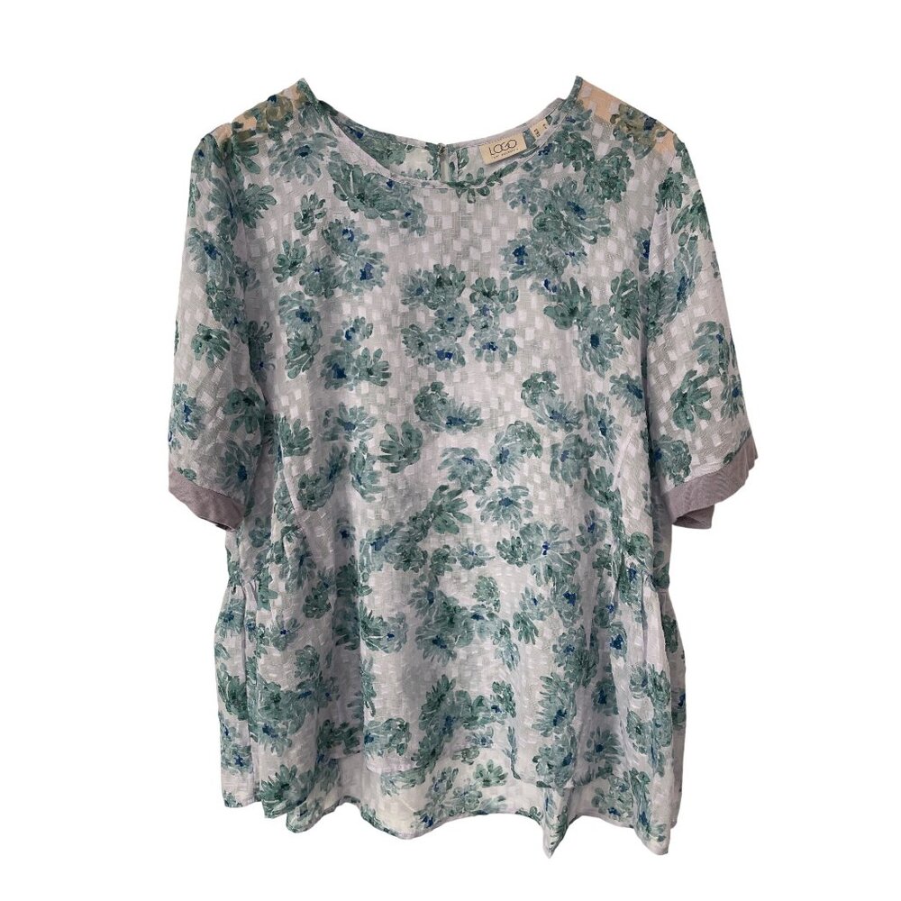 LOGO Lori Goldstein Blouse Size Medium Short Sleeve Floral Print Sheer Bohemian
